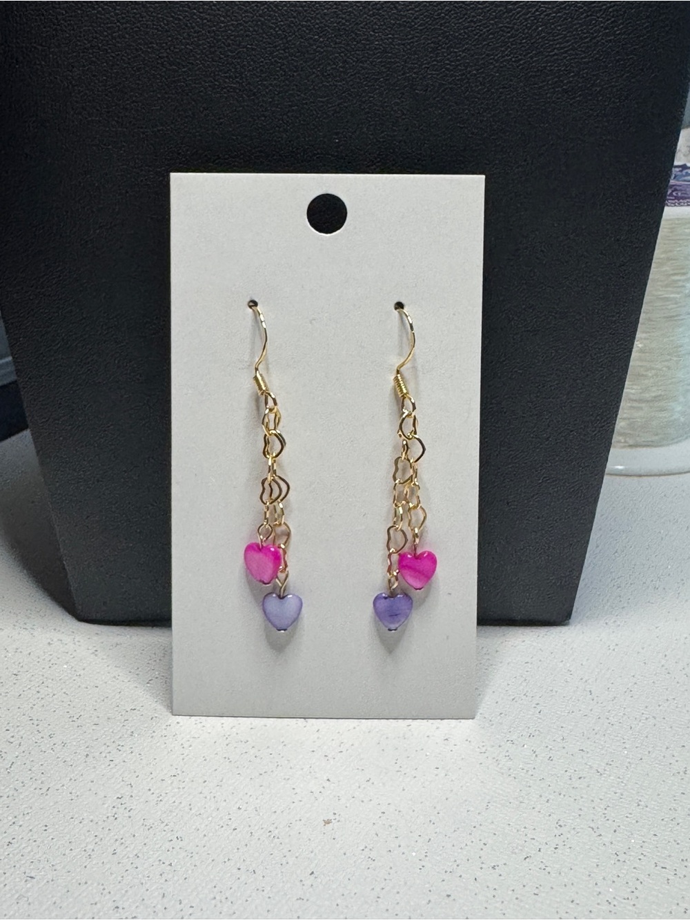 925 Sterling Silver Gold Tone Heart Dangle Earrings – Pink & Purple Hearts